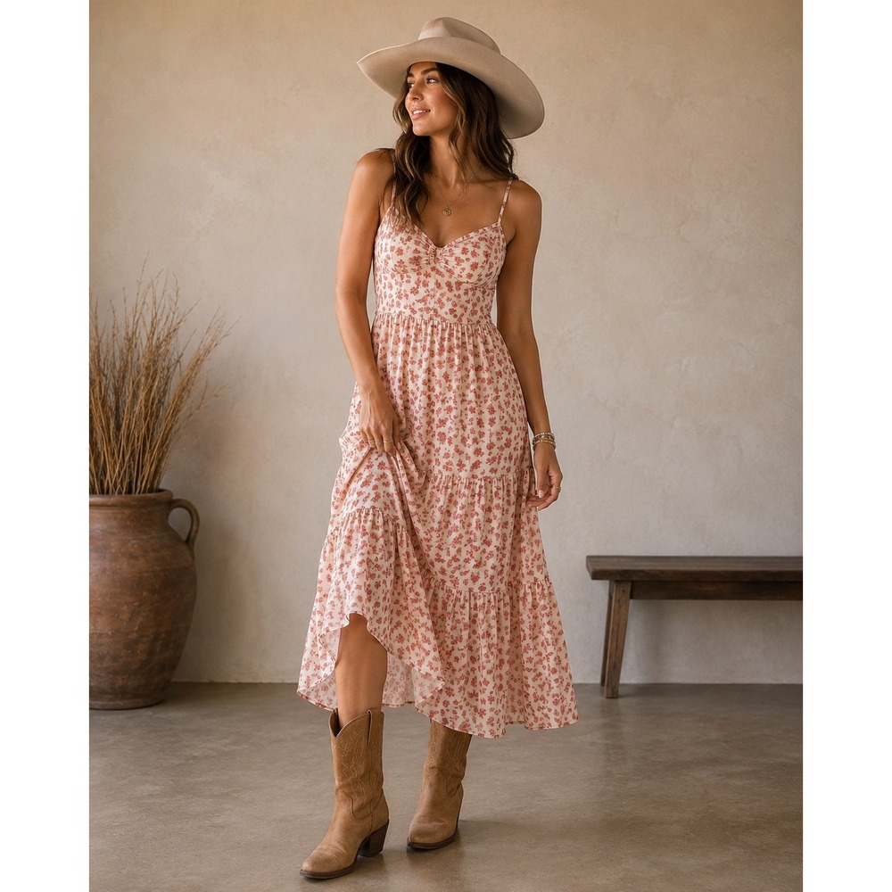Dee Elly Floral Tiered Midi Dress XL Cream Pink Sweetheart Smocked DCSW182IMK
